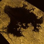 Radar image of a liquid methane lake on moon Titan
